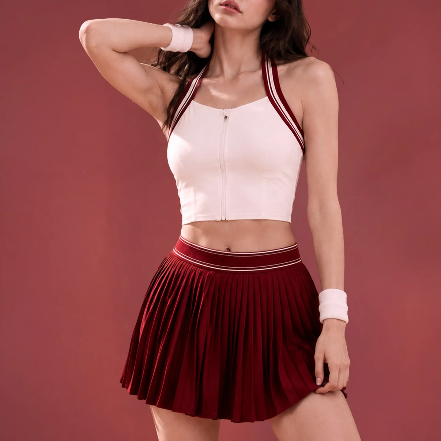 2 Piece Women Tennis Outfit Striped Halter Zip Crop Tank Top Pleated Skort Set Built-in Shorts Athletic Golf Workout Sports Suit