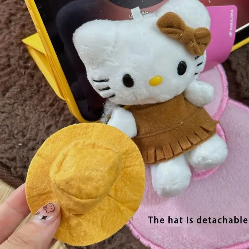 Kawaii 헬로 키티 서양 카우보이 블랙 가죽 플러시 키 체인 귀여운 만화 가방 매력 배낭 장식 패션 액세서리 소녀 선물