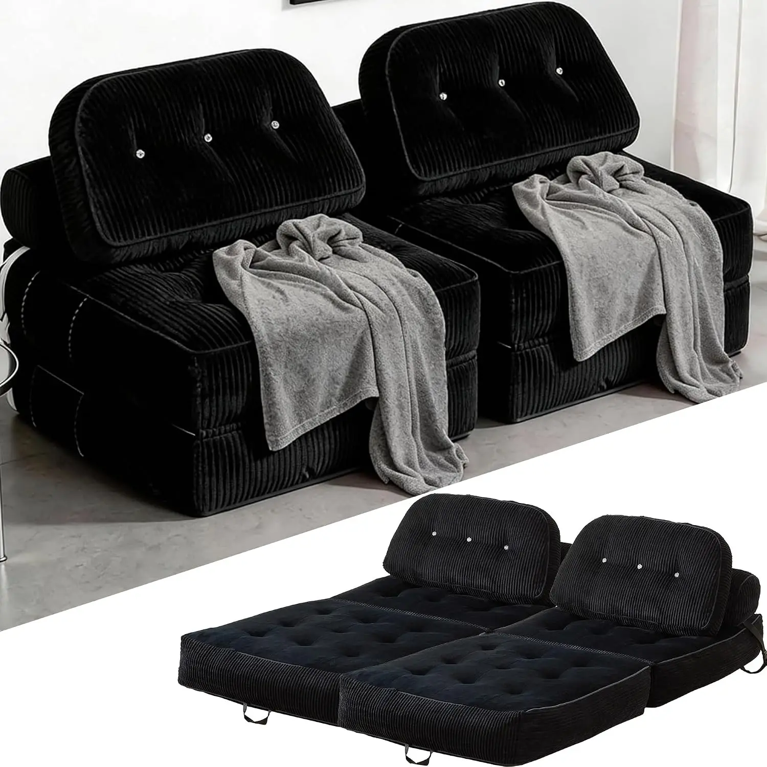 Flannel Futon Sofa Bed with Pillow & Blanket, Convertible Sleeper Chair for Living Room Bedroom, 2-Seater Black, Customized