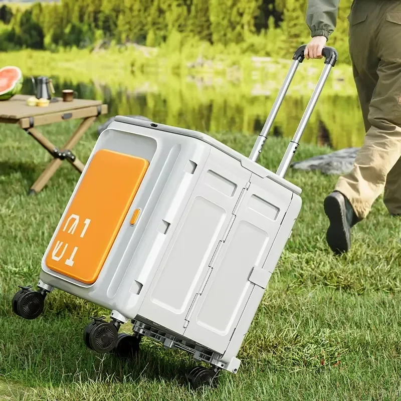 Portable Foldable Four Wheel Trolley Outdoor Camping Vehicle Mobile Travel Picnic Snack Truck Large Capacity White Orange
