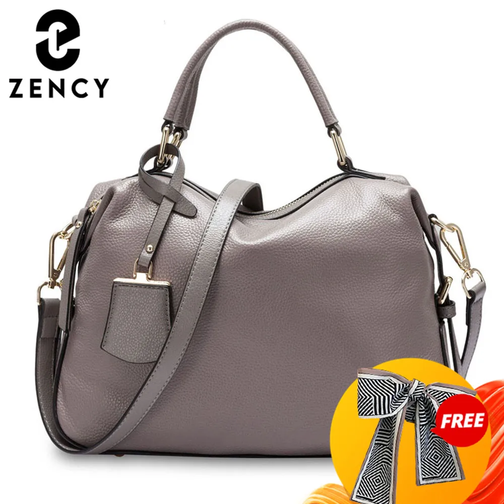 Zency 100% Genuine Cowhide Leather Fashion Women Tote Bag Classic Black Boston Handbag Double Strap Crossbody Bag Bolsa Feminina