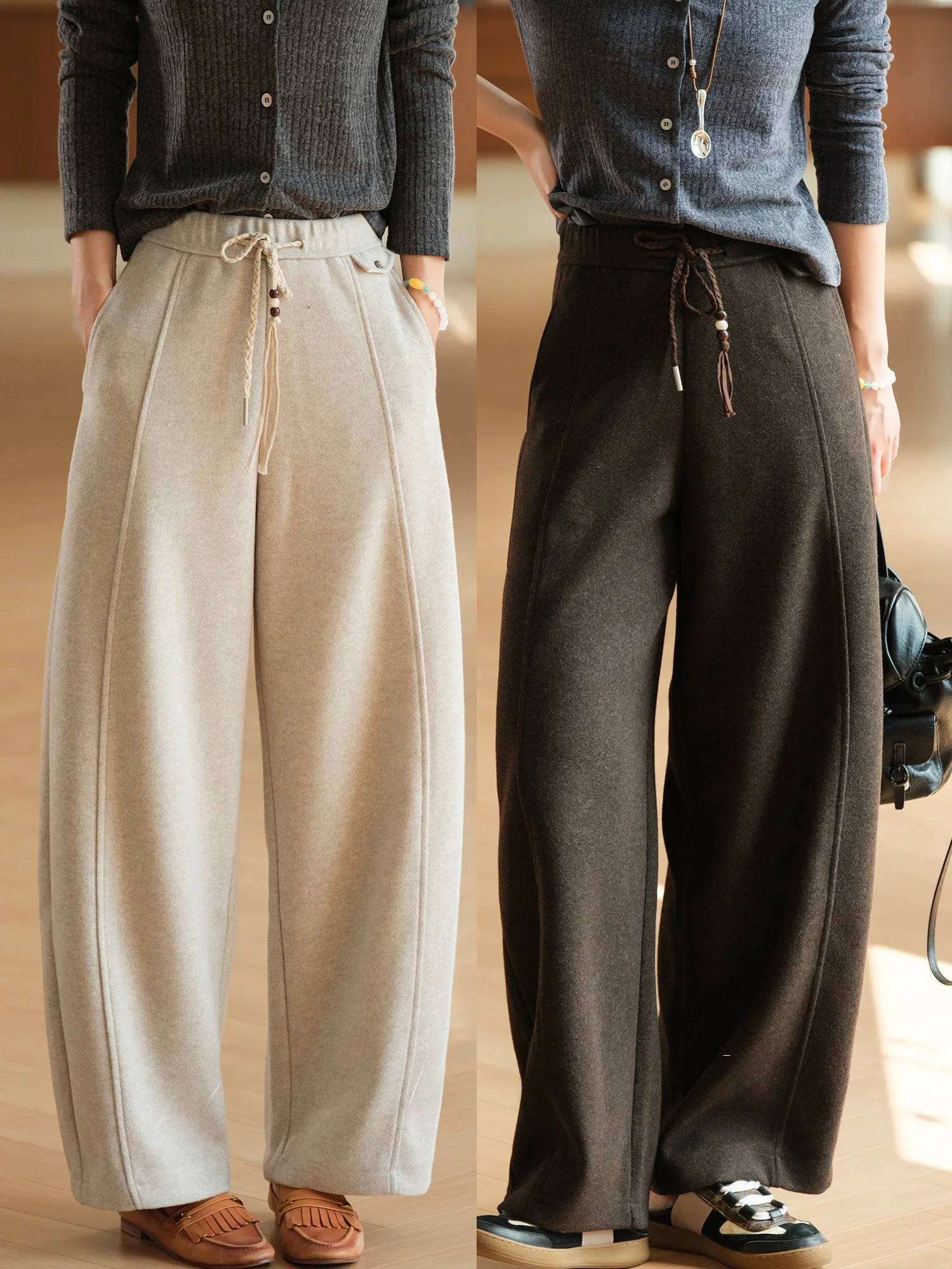 Heavyweight Wool Blend Curved Knife Pants with Drawstring And Middle Seam Line for Women Casual Style Natural Waist Trousers