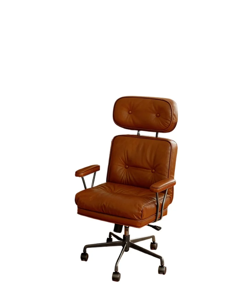 

Retro style first layer yellow cowhide office chair household bedroom multi-functional medieval leather computer chair recliner