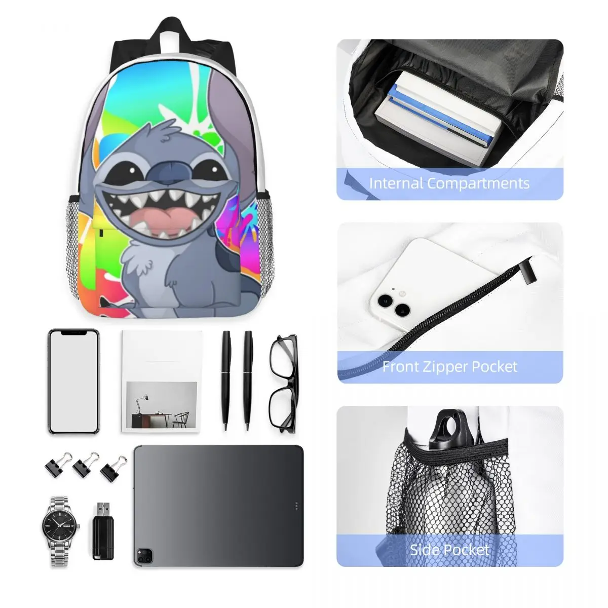 Disney Stitch 15-Inch Waterproof Backpack - Lightweight Travel Bag with Multiple Pockets for Organization