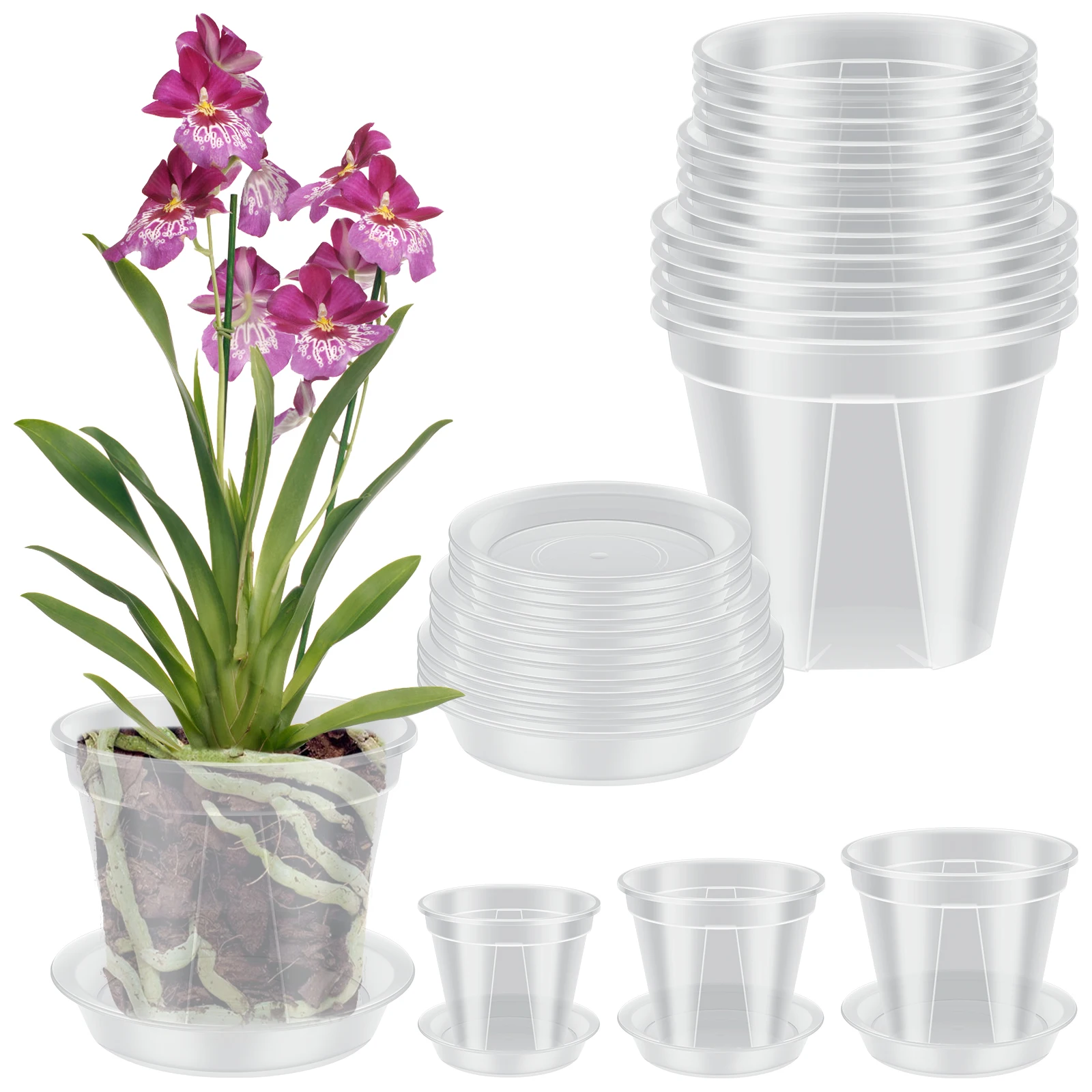 

12Pcs Orchid Pots with Holes and Saucers Clear Orchids Pots 3.1 Inch / 4 Inch / 5.1 Inch High Plastic Flower Plant Pot