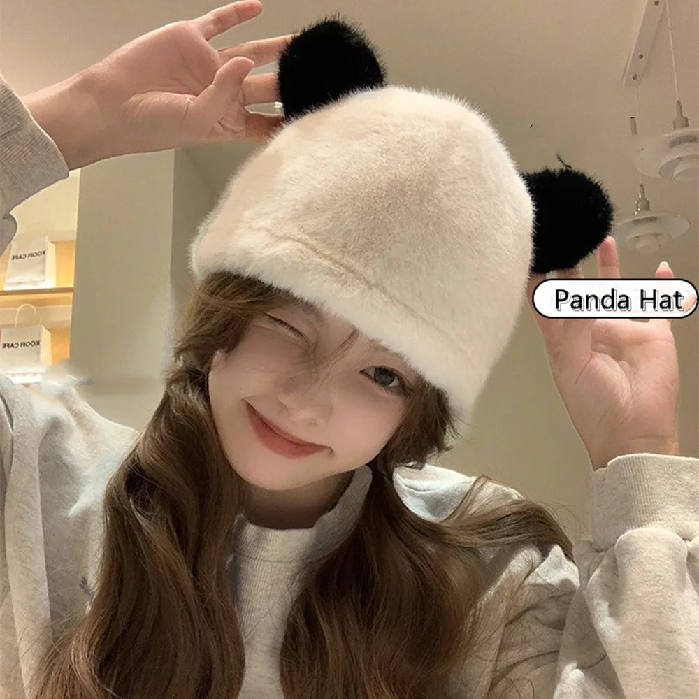 Cute Panda Plush Hat For Women Faux Fur Fluffy Bucket Hat Warm Thick Beanies Cap Bear Ear Plush Hat Winter Cycling Pullover Cap