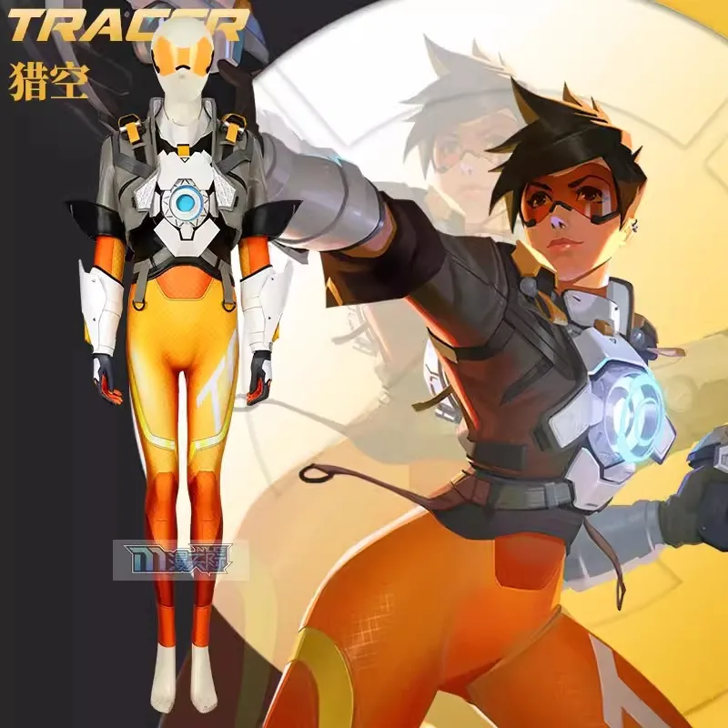 Game OW2 Lena Oxton Tracer Cosplay Outfit Soldier 76 Halloween Costumes with Jumpsuit Shoes Glasses LED Light Chest Back Props