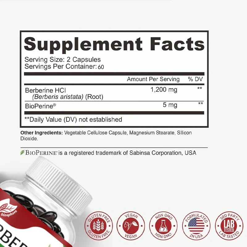 مكمل البربرين 1200 ملغ كبسولات نباتية غير معالجة خالية من المواد المعدلة وراثيًا مع معدل امتصاص 5x يزيد من مقاومة الجسم ودعم 60 قطعة