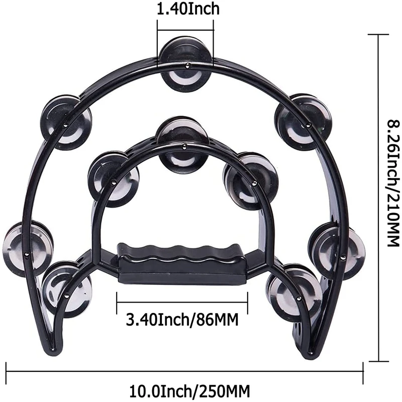 2Pack 10 Inch Double Row Tambourine for Adult,Half Moon Musical Tambourine 20 Metal Jingles Hand Held Percussion Drum