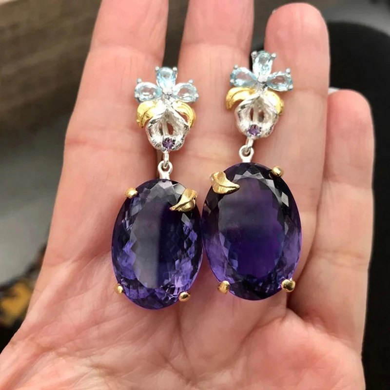 Huitan Newly Designed Women Earrings Blue Flower Oval Purple Cubic Zirconia Gorgeous Female Earrings Fancy Gift Trendy Jewelry