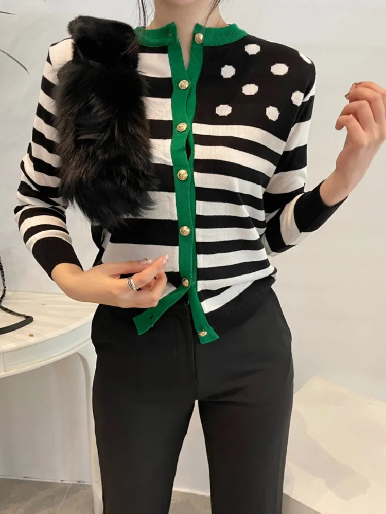 Autumn Striped Dot Knitted Women Cardigan Sweater Long Sleeve O-neck Single-breasted Tops Korean Vintage Elegant Woman Jumpers