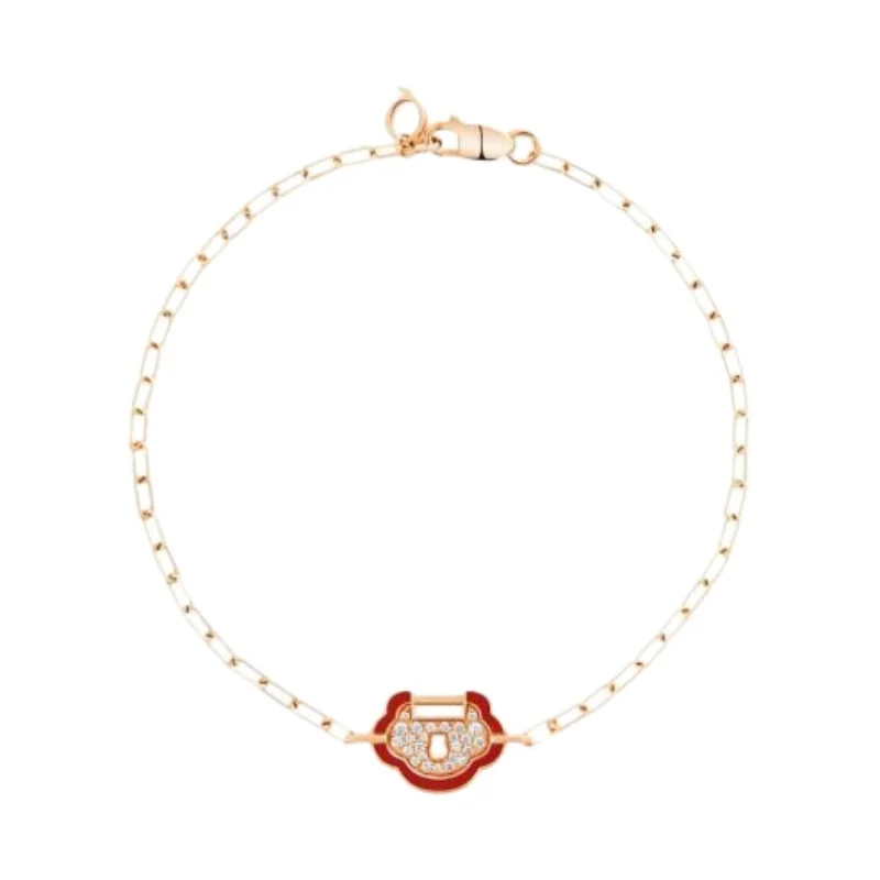 

Rose Gold Plated Chinese Ruyi Lock Bracelet with Red Enamel and Crystals