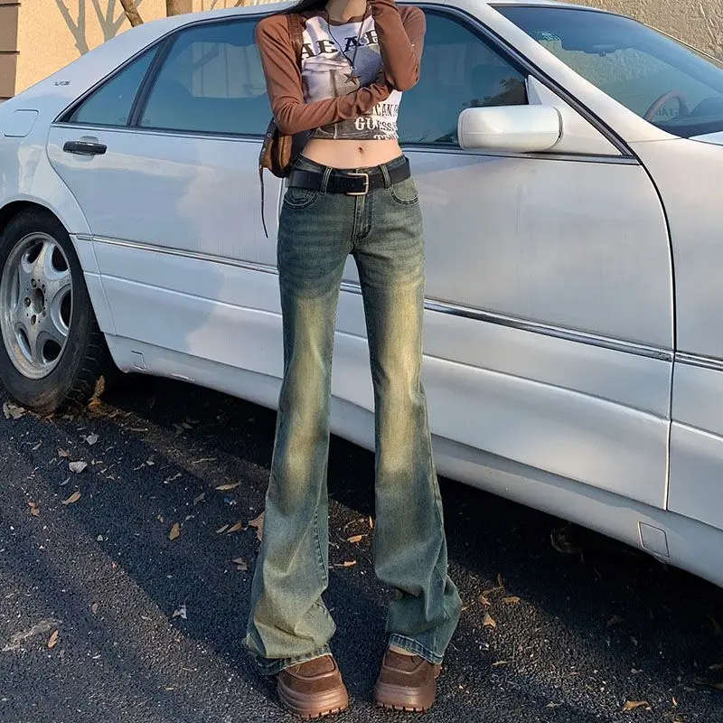 Women Vintage Gradient Washed Flare Jeans Low Waist Slim Fit Y2K Streetwear Denim Pants