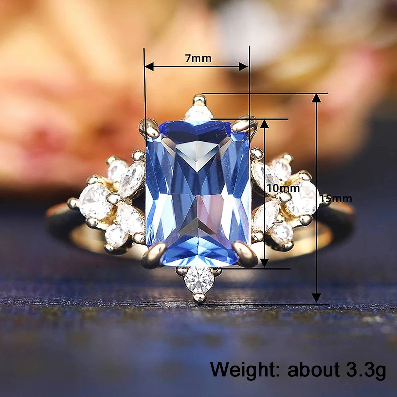 Huitan Eleganter Damenring für Hochzeit, Verlobung, luxuriös, mit hellblauem CZ-Stein, Party-Accessoires, zarter Damenschmuck, Geschenk – Detail 10