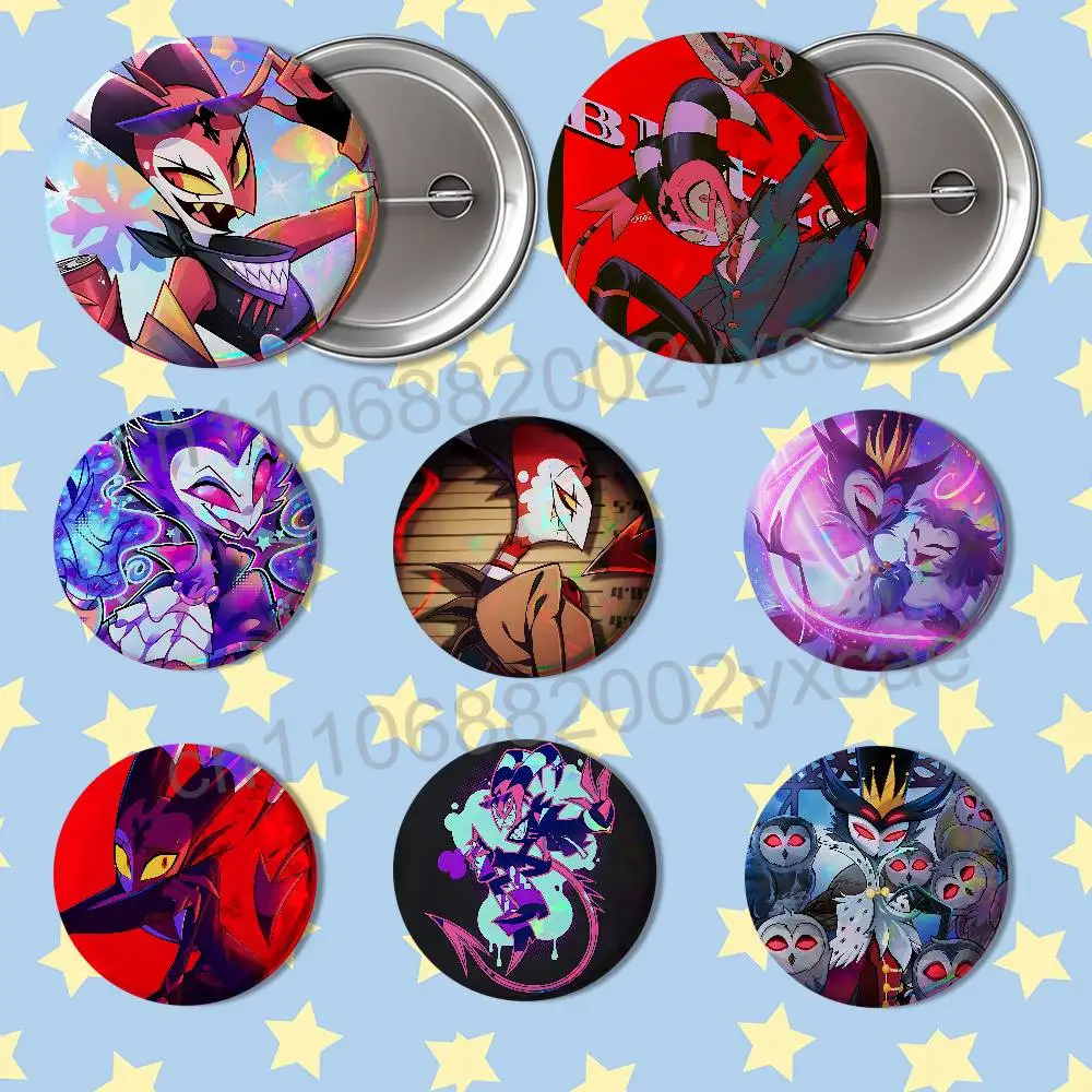 Owl Stolas Helluva Assassination Boss Blitzo Reflective Pin Tinplate Round Brooch Cartoon Cosplay Badges for Bag Hat Toys Gifts