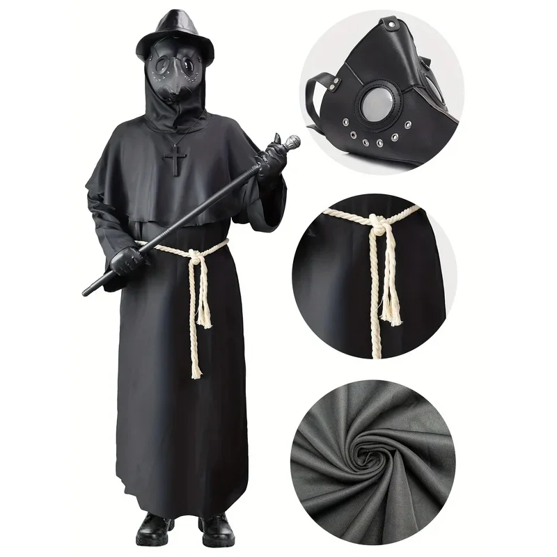 Mago monje Medieval negro 8 unids/set bata de muerte collar cruzado máscara de cuervo guantes cosplay Doctor de la peste Halloween mb.3