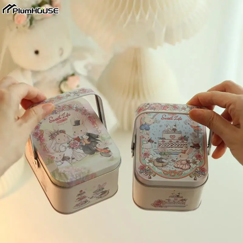 Candy Box Cartoon Rabbit Pattern Good Sealing Tin With Handle Vintage Suitcase Gift Giving Portable Easter Holiday Cookie Tins