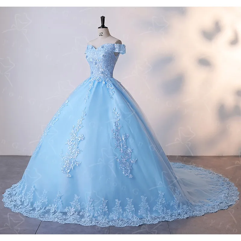 Light Blue Quinceanera Dress With Trian Sweet Flower Party Dress Luxury Ball Gown Real Photo Boho Prom Dress Plus Size