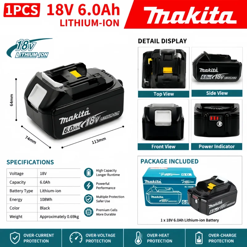 Genuine 6AH Makita BL1860 6Ah Battery Power Tools Li-ion Replacement LXT BL1850 BL1840 for 18V Screwdriver with BMS 18V Battery image 3