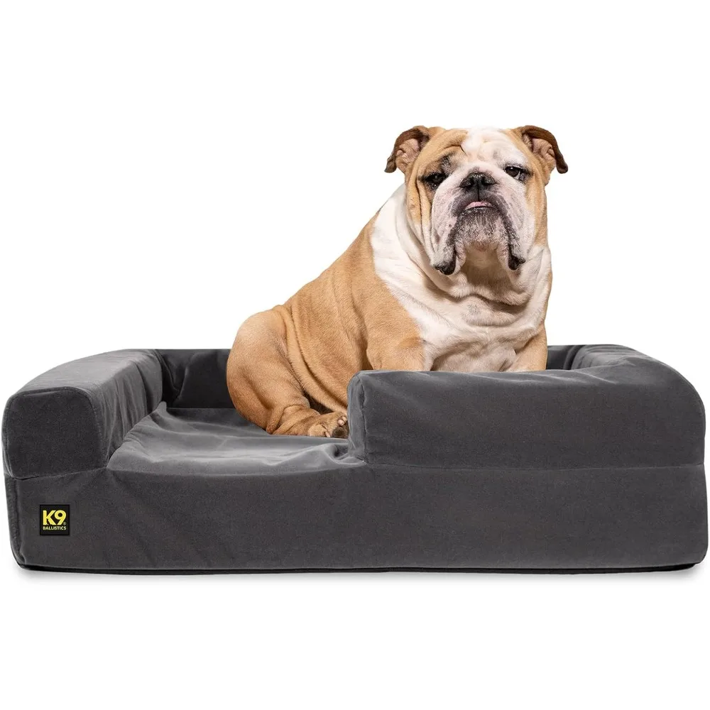 

Tough Rip-Stop 3.5 Bolster Orthopedic Dog Bed (Size M, Two-Tone Gray Velvet) with headrest. Made for Medium Sized Dogs