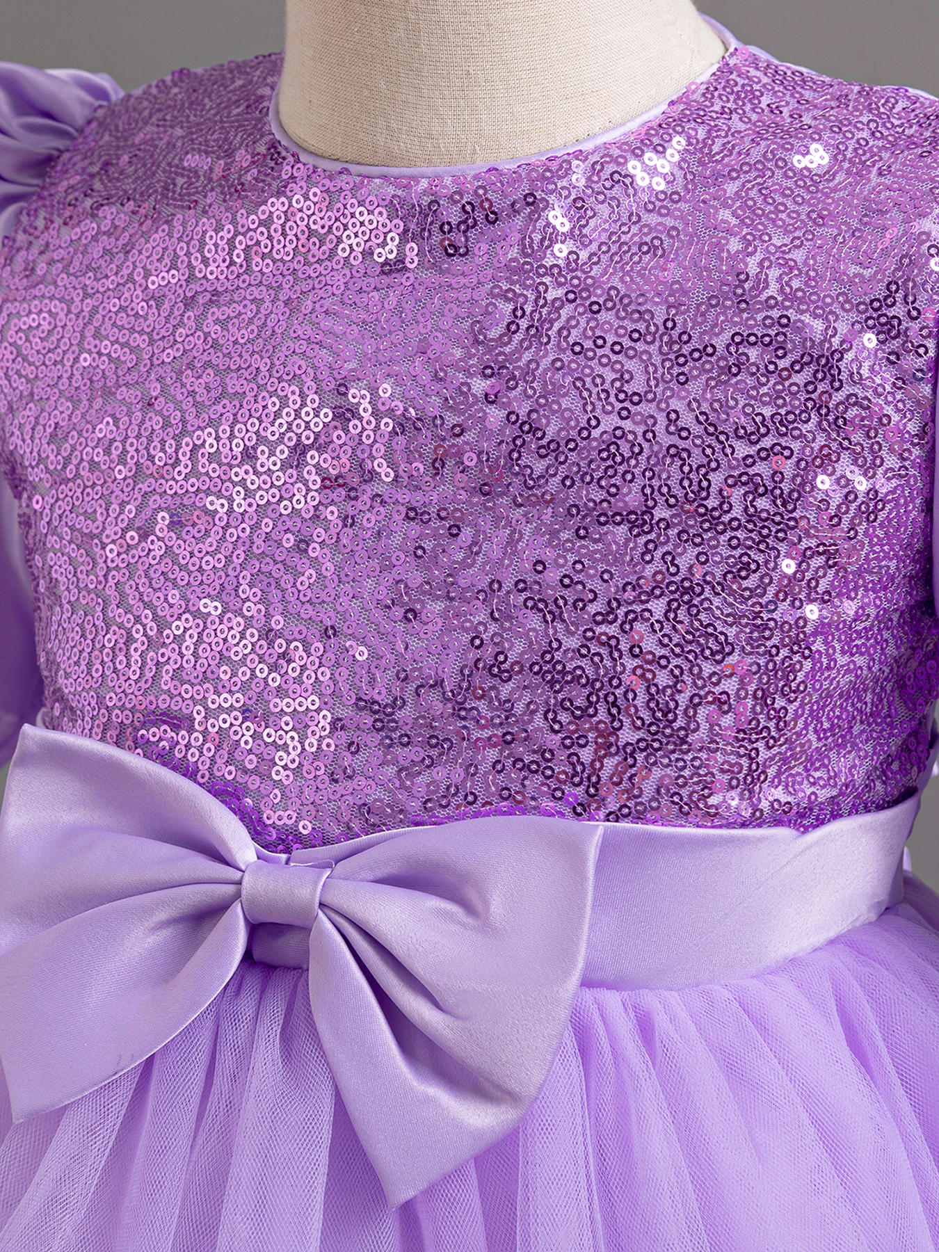 Purple Girls Dress Knee-length Bubble Sleeve Sequin Lace Bow Dress Holiday Party Piano Show Performance Dress 2-10 year old girl