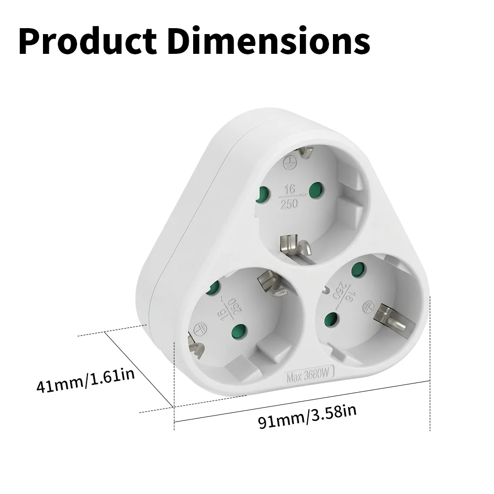 CILIA EU Power Strip Category F, 3 Multi-Outlet Type C, Three-Pronged Socket, Space-Saving, Max 3680W