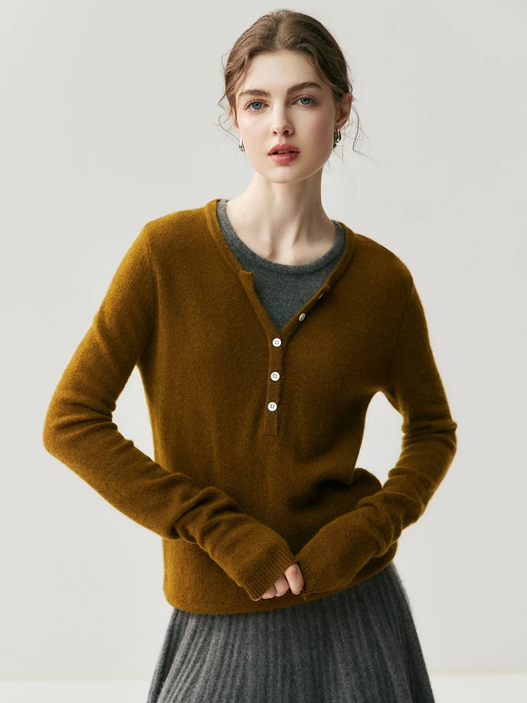 TLOML Chic Donna 100% Maglione di Cachemire Girocollo con Scollo a V Color Bloccato Falso Pullover in Due Pezzi Autunno Inverno Morbido Caldo Cashmere Magliette E Camicette