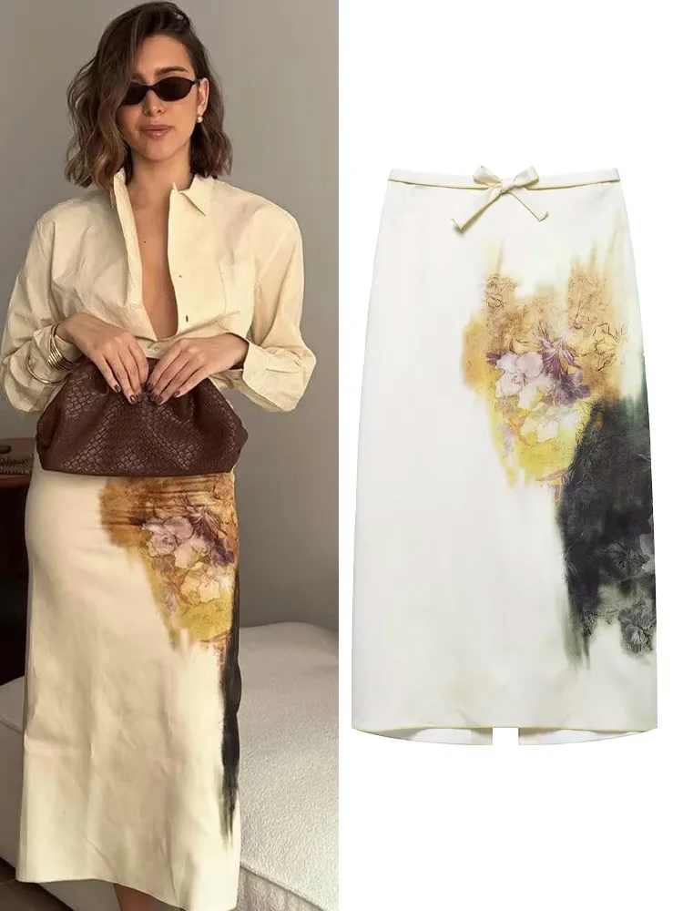 

HH Women New Fashion Versatile Zipper Printed Midi Skirt Summer Female Temperament High-Waist Slim Split Hem Lace-up Skirt