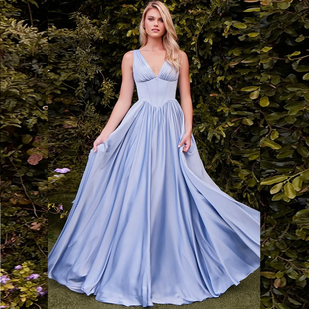 

Скромное платье для выпускного вечера Saitn с v-образным вырезом и плиссированной спинкой на шнуровке длиной до пола, вечернее платье для женщин по индивидуальному заказу