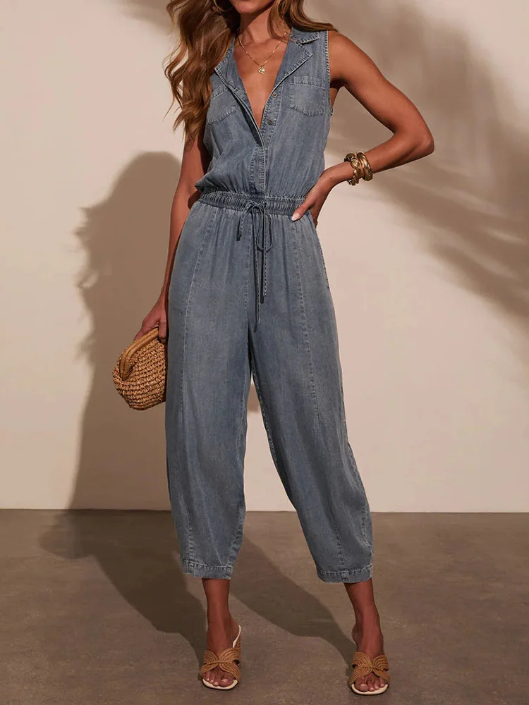 

V Neck Buttons Patchwork Chic Jumpsutis, Women Summer Sleeveless Fashion Playsuits, New Elestic Waist Elegant Ladies Bodysuits