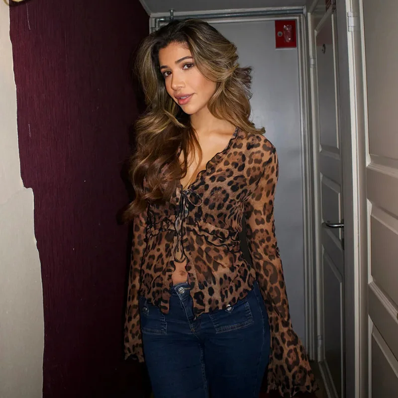 

Women Leopard Base Layer 2025 Autumn New Retro Leopard Print Blouse Ruffled Tie Up Bell Sleeve Sheer Mesh Slim Fit Women's Shirt