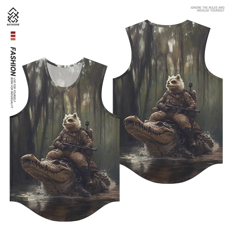 

Men's Fashion Sleeveless Trendy Bottom Shirt Fox Crocodile Print Adult Tops Outdoor Sports Quick Dry Tank Top