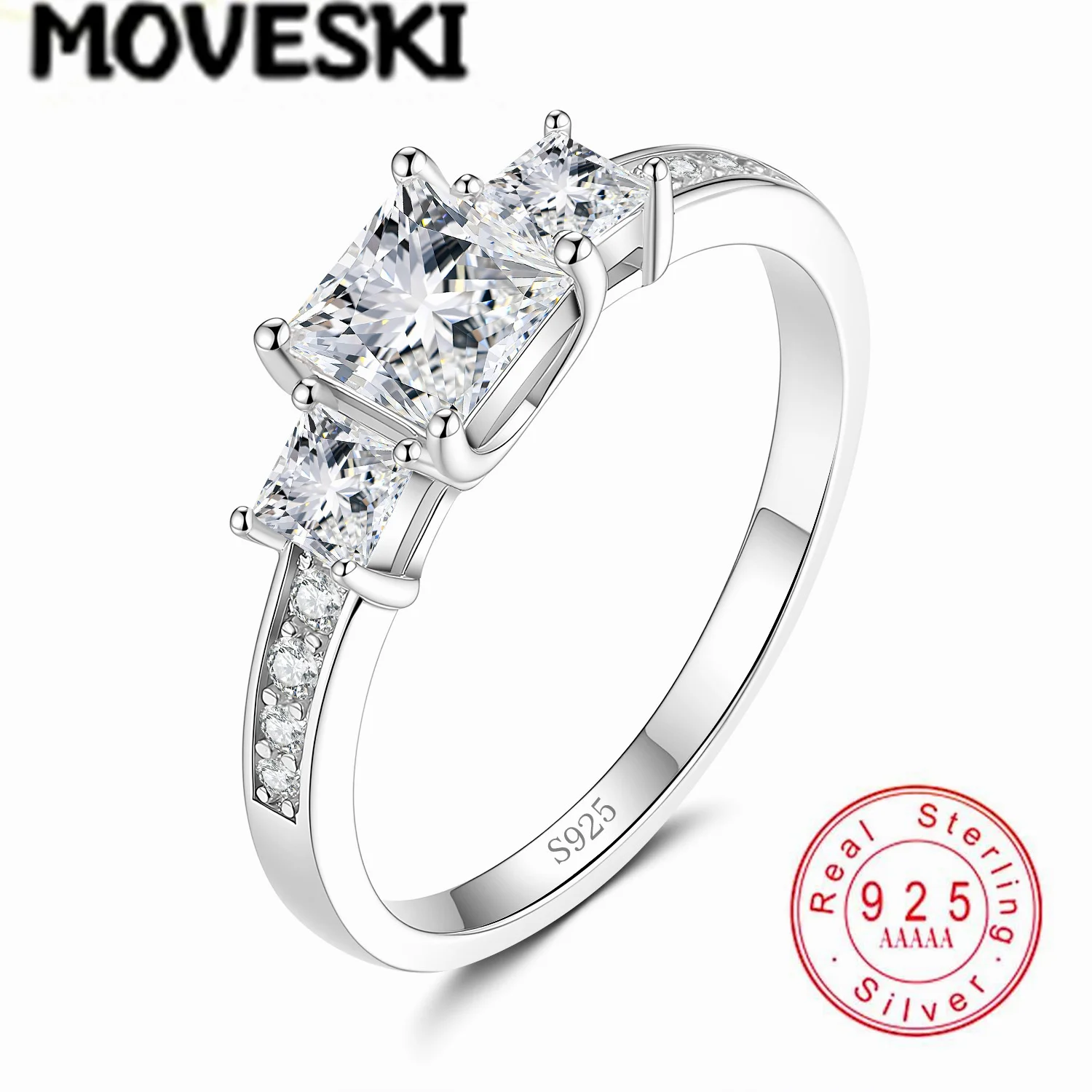 Three Stone Princess Cut Moissanite Ring Real 925 Sterling Silver Engagement Wedding Promise Ring For Women Jewelry Gift