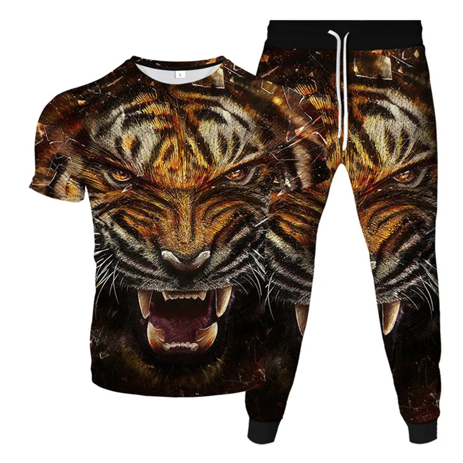 Fashion Animal Tiger 3D Print Men Sportswear Set Casual Short-Sleeved T Shirt Pants 2-Piece Set Oversized Pullover Men Clothing