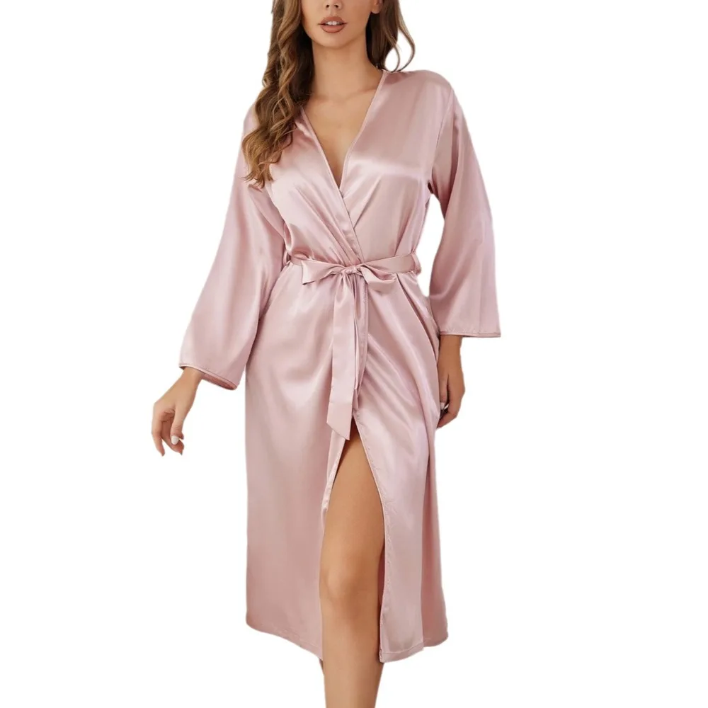 

Элегантный халат из шелкового атласа с V-образным вырезом, однотонный, с длинными рукавами, с поясом, комфортный, из мягкой ткани, ночная рубашка, женская одежда для сна