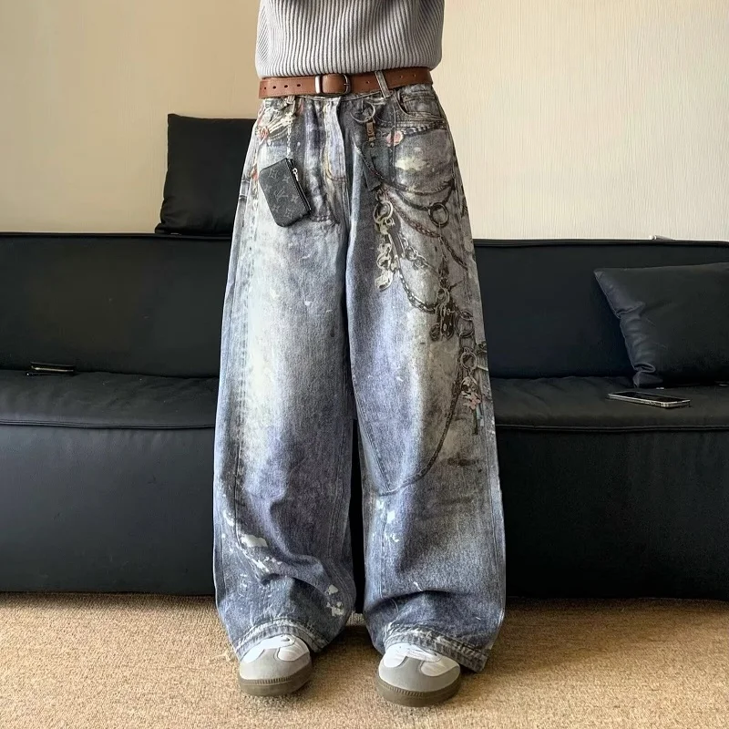 

American Heavy Duty Chain Decoration Splashed Ink 3D Print Jeans Trendy Brand Autumn Winter Loose Wide Leg Dad Long Pants