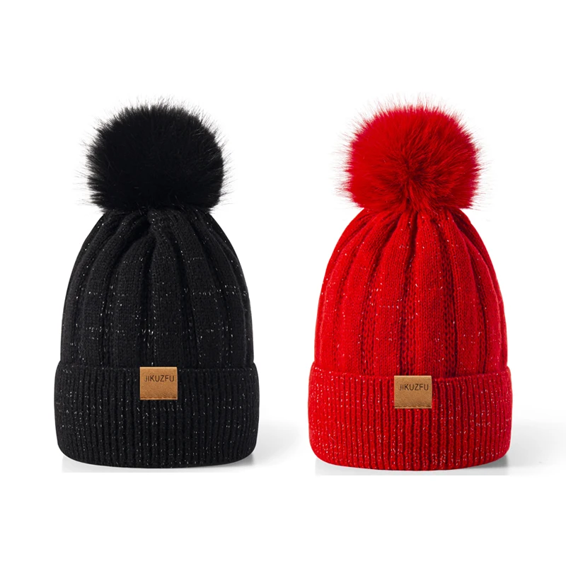 Женская зимняя вязаная шапка-бини с помпоном из искусственного меха, теплая вязаная шапка, супермягкая шапка для холодной погоды