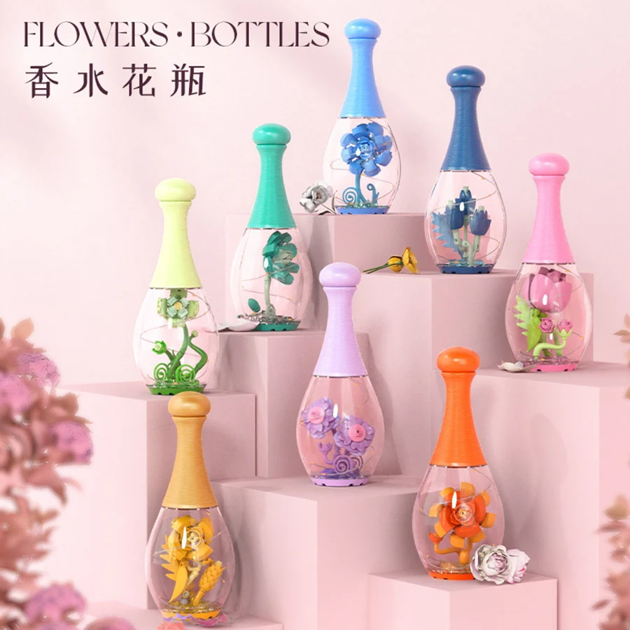 Simulated Succulent Flower Perfume Vase Assembling Small Particle Building Block Desktop Decoration Model Children Toy Girl Gift