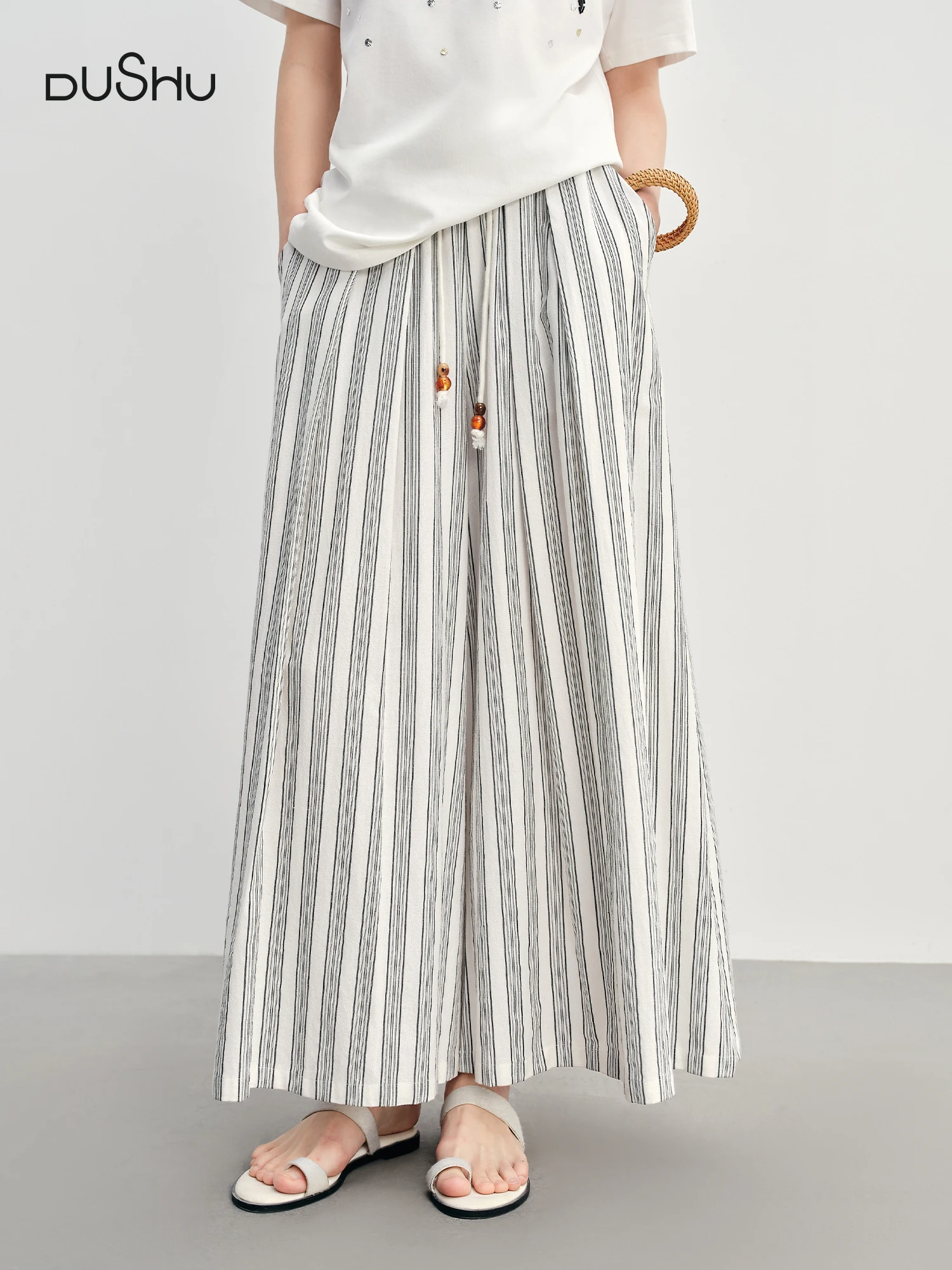 

DUSHU Summer 2025 Women's Textured Cotton-Linen Wide Leg Pants - Minimalist Stripe Drawstring Waist Relaxed Fit for Resort