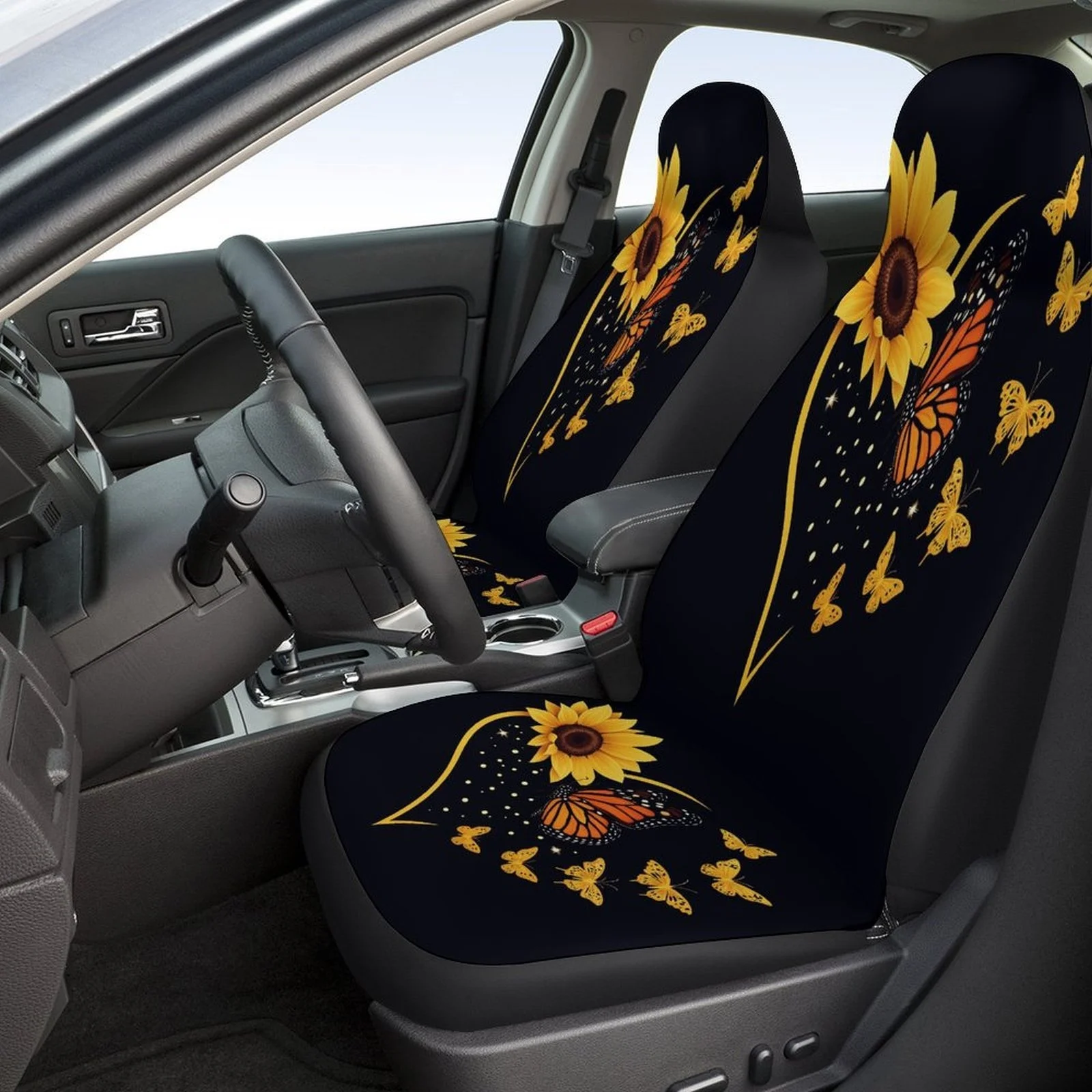 Sunflower Butterflies Heart Designed Car Seat Covers Set For Most Cars, Trendy Breathable Decorative Car Seat Protector Covers F