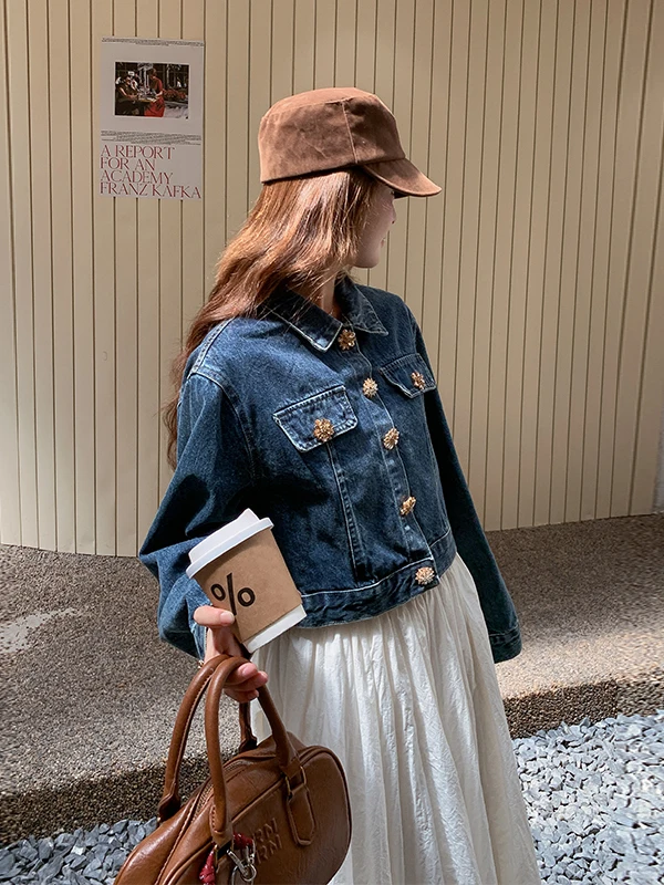 

American Retro Hong Kong Sle Women's ort Denim Jaet Spring Autumn 2025 New Unique Small Size Beautiful Top Casual Loose...