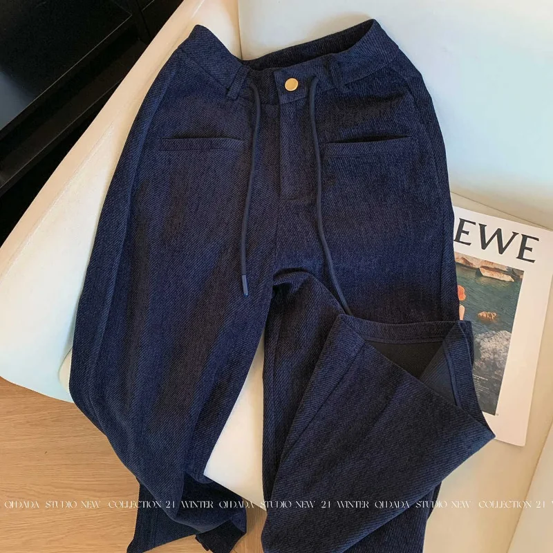 الأزرق الداكن عارضة واسعة الساق السراويل النساء في ربيع الخريف تصميم جديد الرباط عالية الخصر التخسيس مستقيم الطابق السراويل