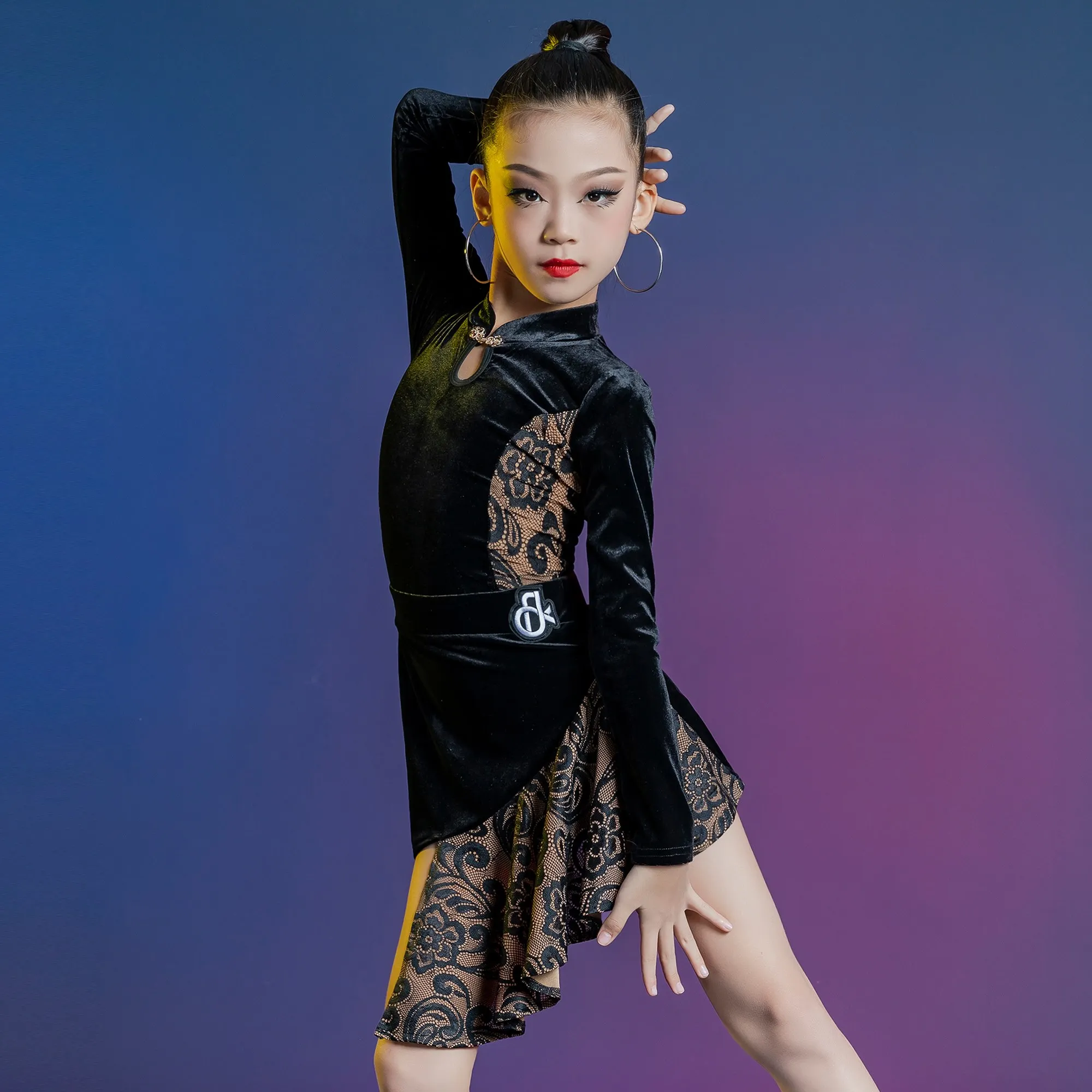 

Winter Latin Dance Dress Long Sleeve Print Top Irregular Skirt Chacha Rumba Dance Performance Costumes Competition Wear DQL11575