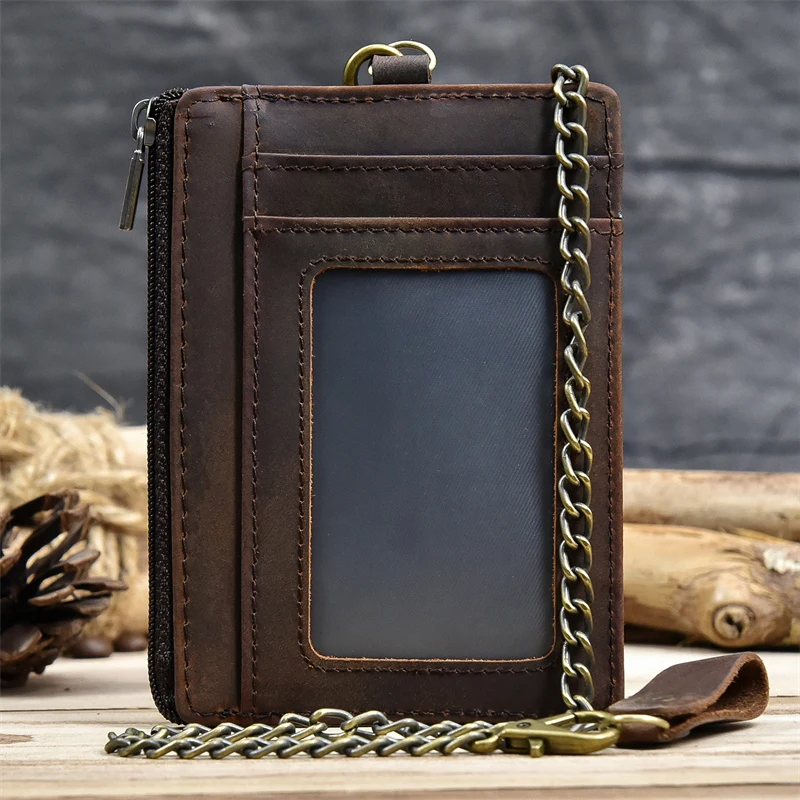 Genuine Leather Card Purse Men Women ID Credit Zipper Mini Coin Purse Wallet With iron Key Chains Men\'s Small Wallet For Tickets