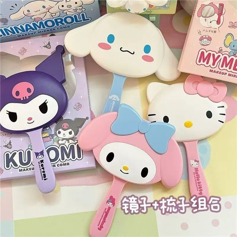Sanrio Hello Kitty Handheld Mirror Comb Set Kuromi My Melody Kawaii Kuromi Mirror Portable Comb Mirror Christmas Birthday Gifts