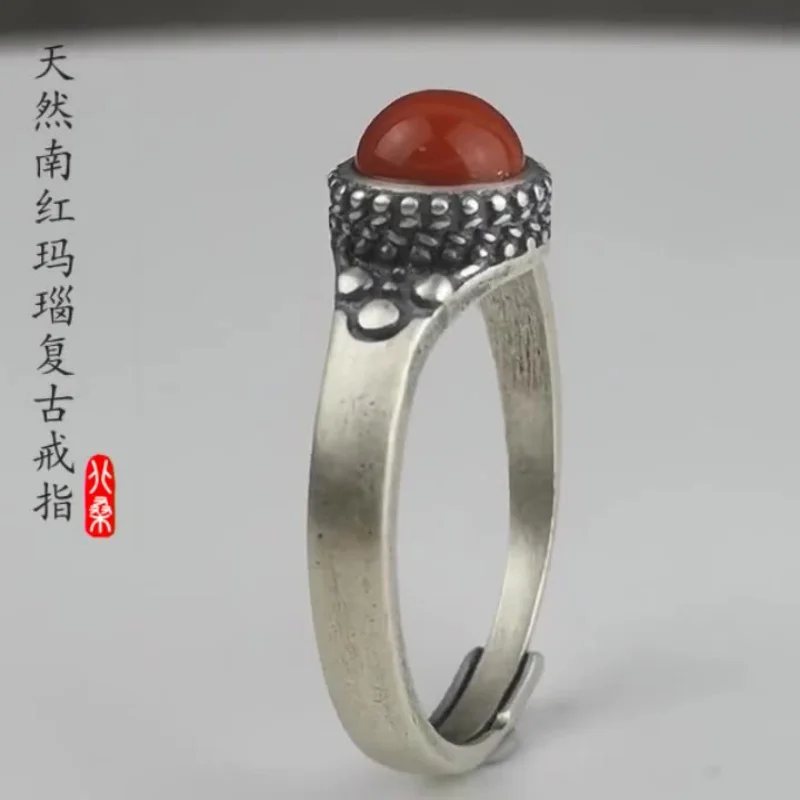 Buyee 925 Sterling Silver Ethnic Ring Finger Round Agate Sweet Open Ring for Woman Excellent Fashion Gray Fine Jewelry Circle