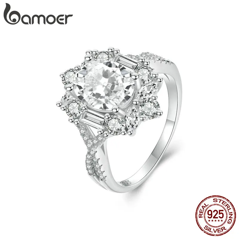 BAMOER Sparkling Luxury Solitaire Moissanite Engagement Ring, 2CT D Color 925 Sterling Silver with 18K White Gold Plated Ring