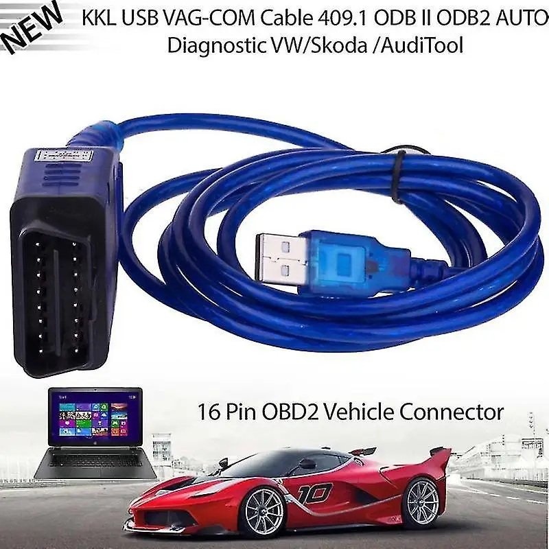 Kabel Diagnostik USB OBD2 VAG-COM KKL 409.1, Panjang 1,5m, Biru, Termasuk CD Perangkat Lunak Gratis