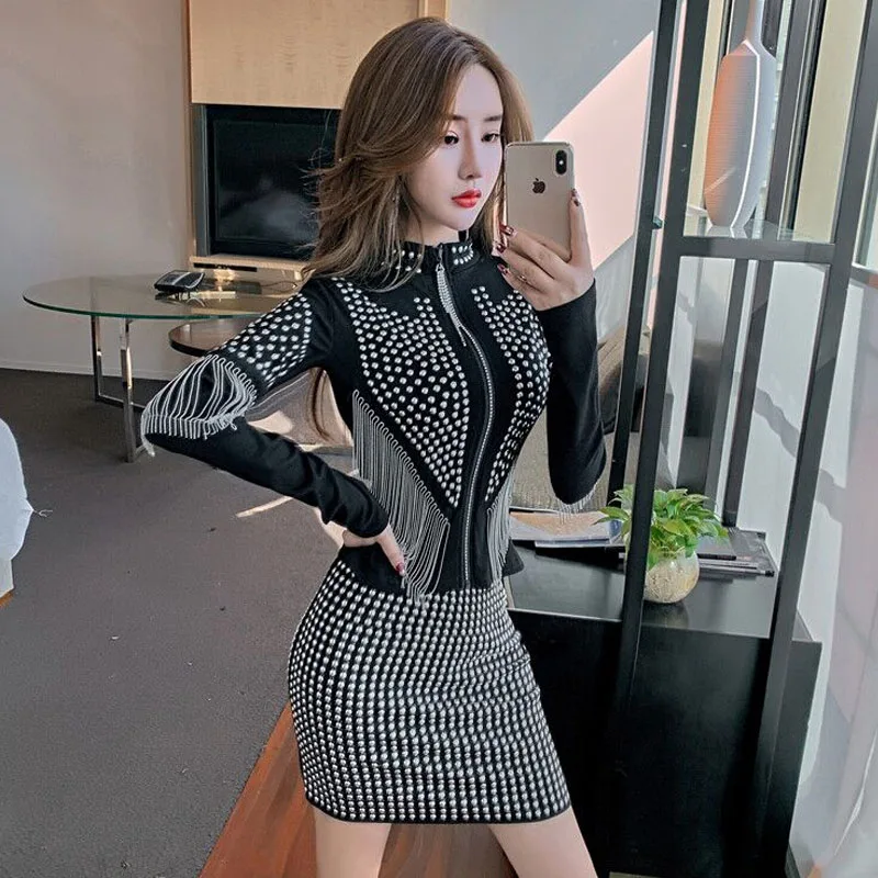 

Spring Sexy Nightclub Bar Heavy Du Sequin Tassel Top High Waist Skirt Set Glitter Polyester Faion Ensemble A8022