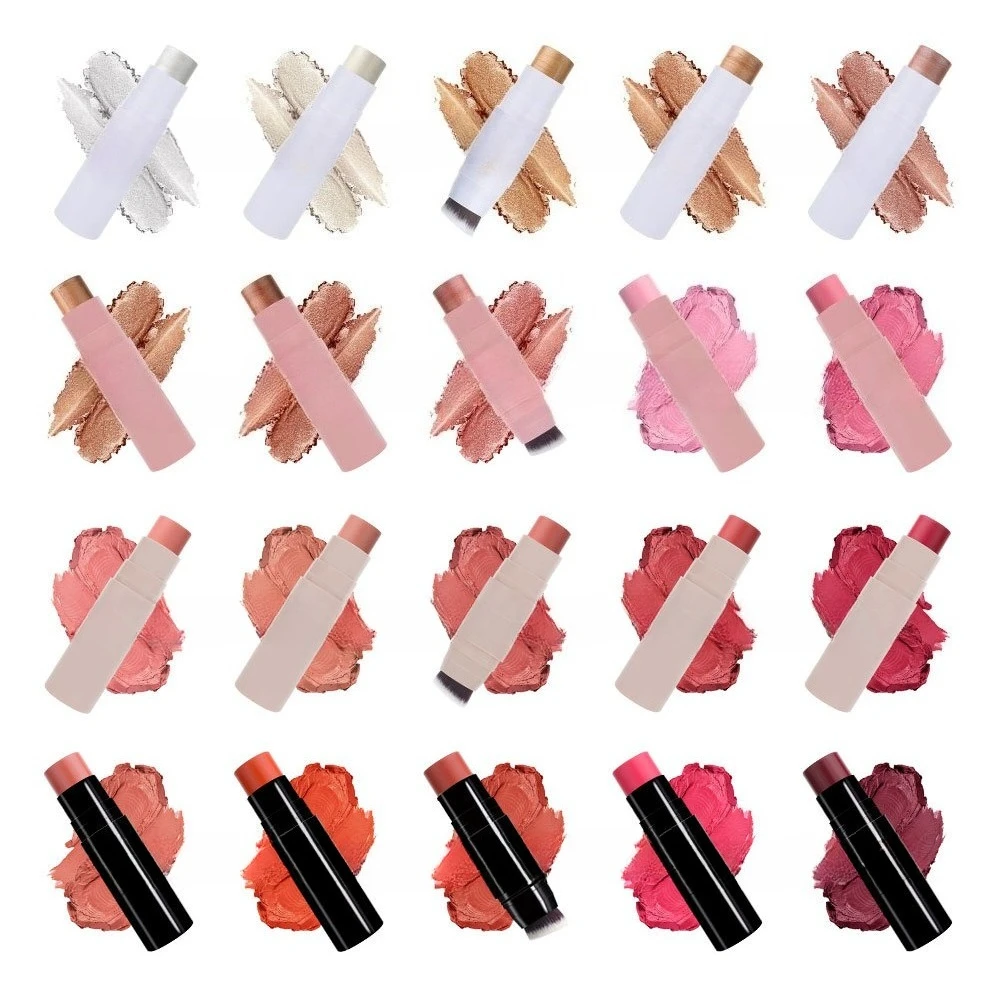 1pc Dubbele kop met Borstel Gezicht Contouren Blusher Rouge Crème Stok Blijvende Wang Stereoscopische Verhelderende Fleuren Contouren